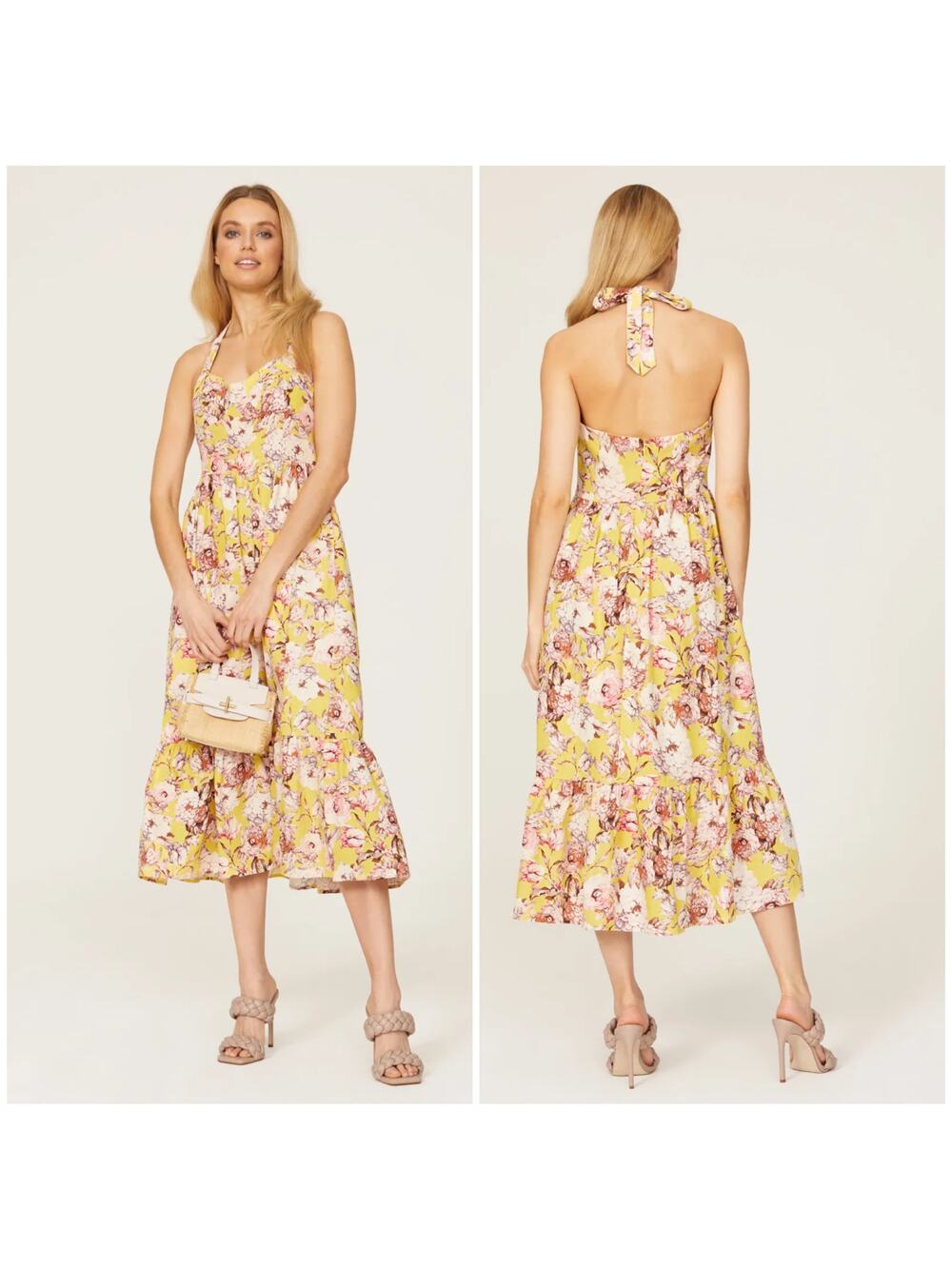 Bardot Labella Midi Dress Yellow Floral Size 6 Linen Bustier Halter Vintage Vibe
